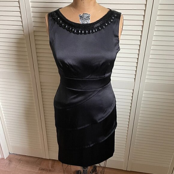 CONNECTED APPAREL Black Satin Mini Dress Size 10 Beaded Neckline - Picture 1 of 8